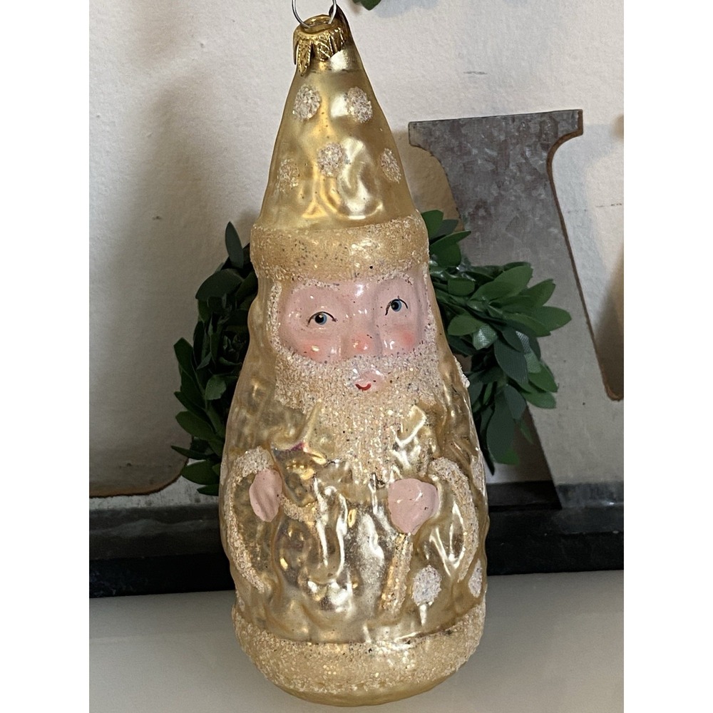 Vintage Kurt Adler Gold Glitter Santa Blown Glass Christmas Hanging‎ Ornament 5"